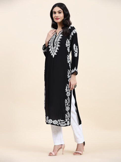 Fizaa Chikankari Long Kurta in Rayon Cotton for Women- Black